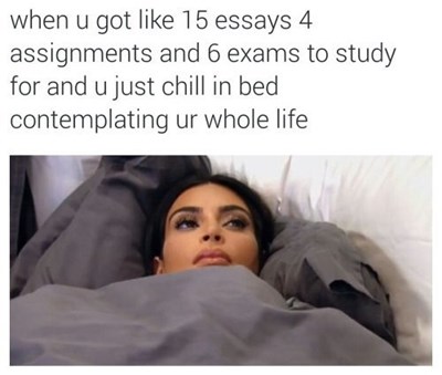 Meme of Kim Kardashian chilling in bed contemplating life.